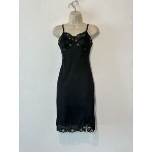 Vintage American Maid Black Slip Dress Size 9 Lace Embroidered Adjustable Strap‎
